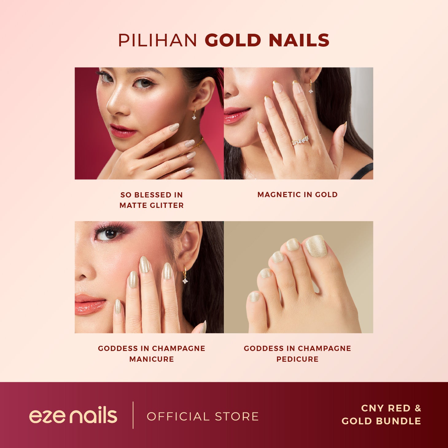 CNY SPECIAL RED & GOLD NAILS BUNDLE: BUY 2 GET 3 (2 Red/Gold Spot On Nails + FREE  1 Glam Nails)