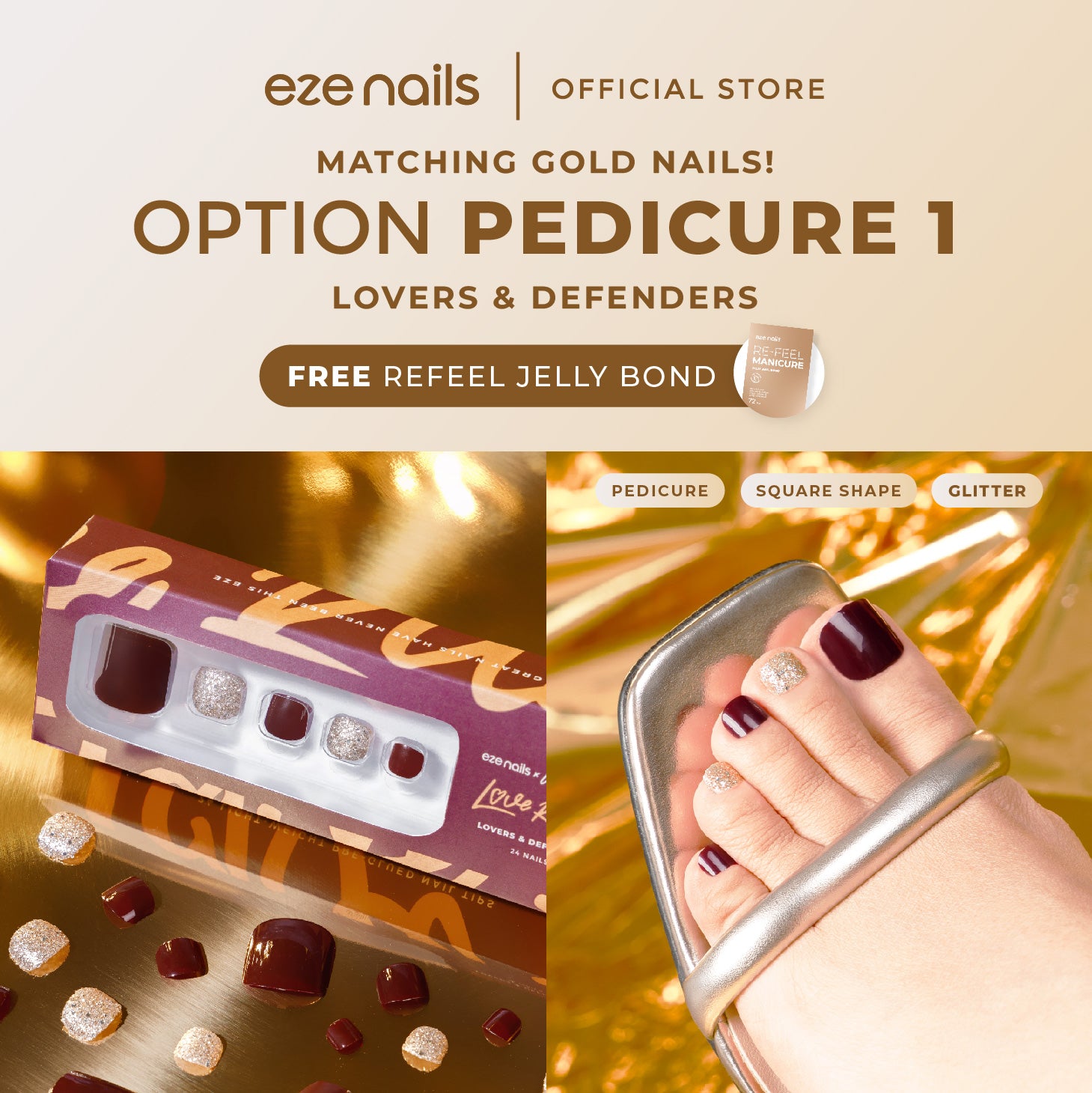 Matching Gold Nails Bundle (1 Manicure + 1 Pedicure) (Kuku Palsu Tempel) - Eze Nails