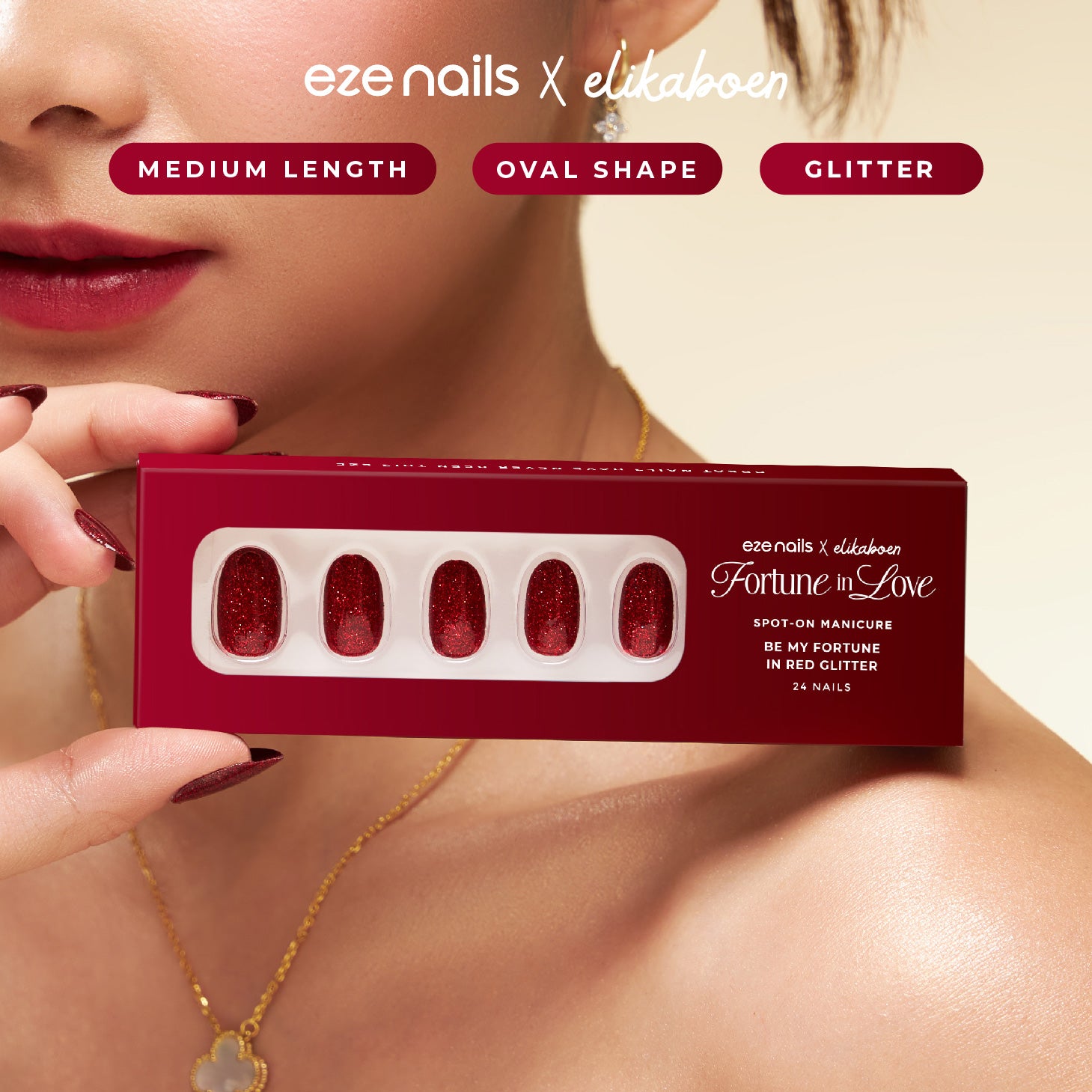 Eze Nails x Elika Boen - Be My Fortune In Red Glitter Spot On Manicure (Kuku Palsu Tempel)