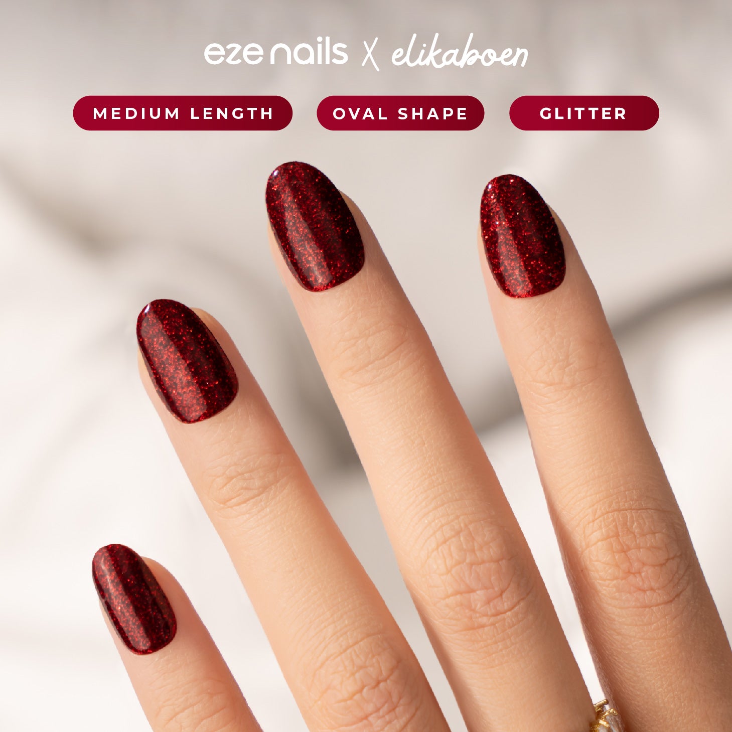 Eze Nails x Elika Boen - Be My Fortune In Red Glitter Spot On Manicure (Kuku Palsu Tempel)