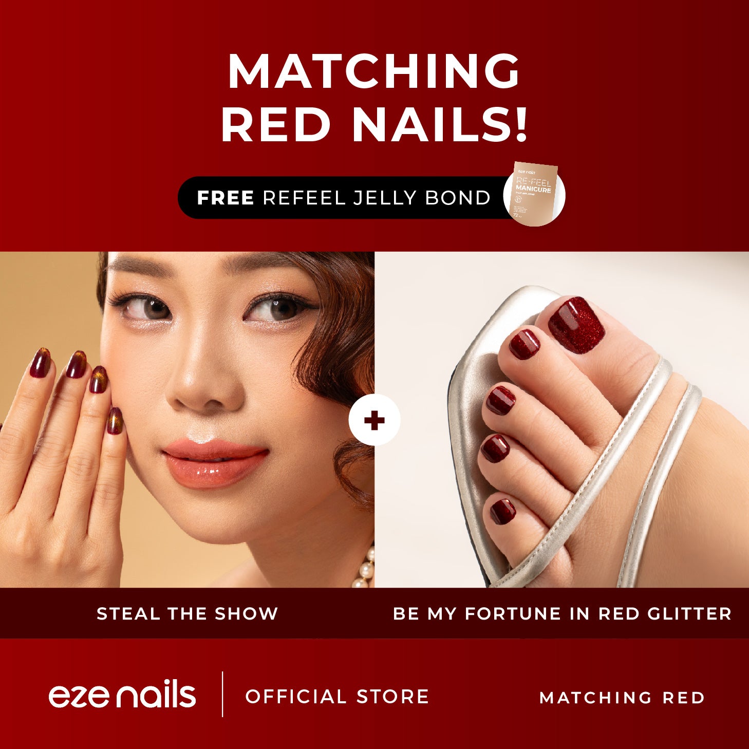 MATCHING RED NAILS BUNDLE (1 Kuku Tangan + 1 Kuku Kaki + FREE 1 Refeel Manicure Jelly Bond) Kuku Palsu Tempel