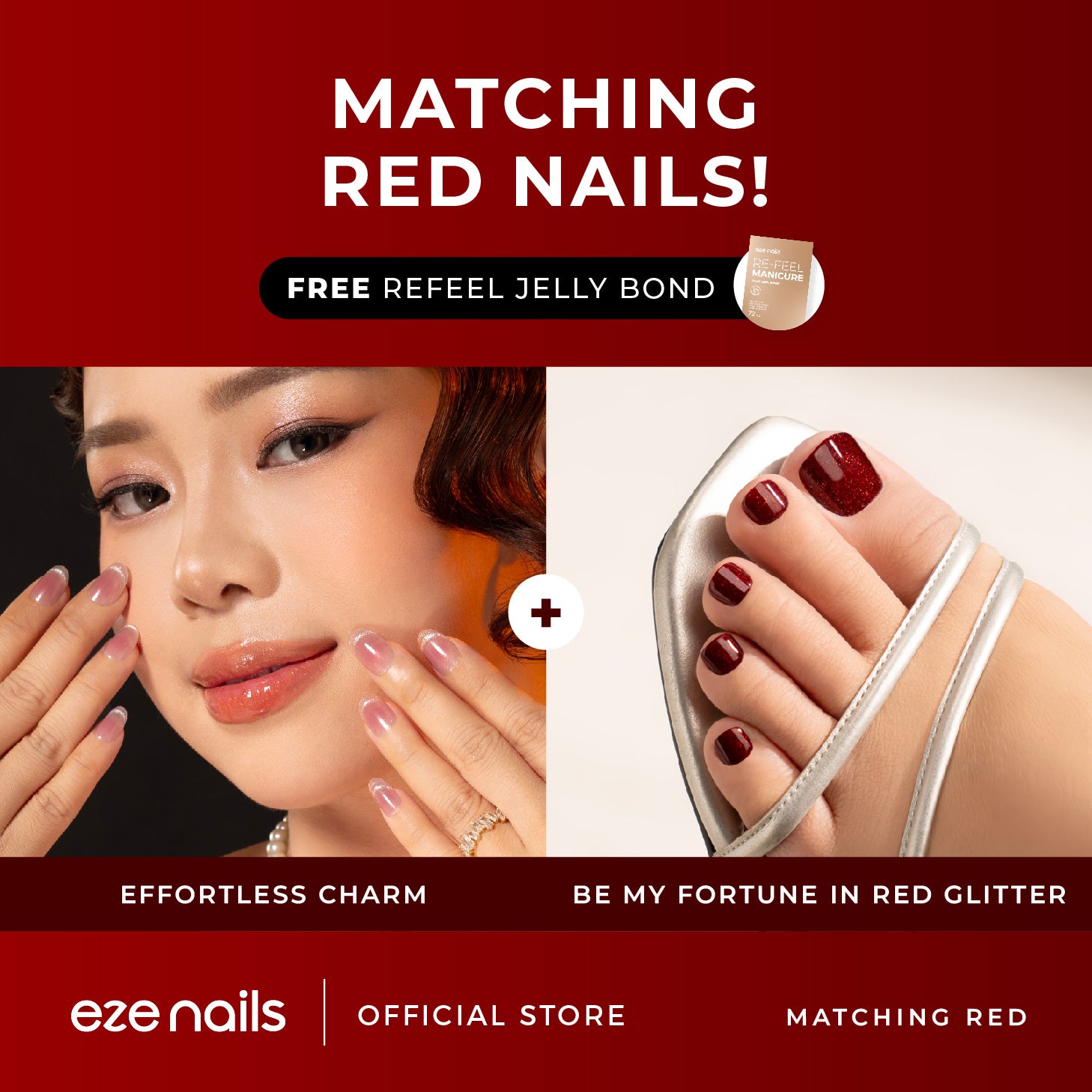 MATCHING RED NAILS BUNDLE (1 Kuku Tangan + 1 Kuku Kaki + FREE 1 Refeel Manicure Jelly Bond) Kuku Palsu Tempel