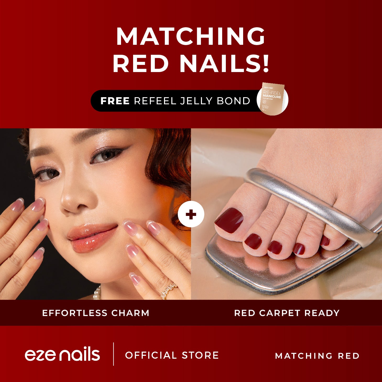 MATCHING RED NAILS BUNDLE (1 Kuku Tangan + 1 Kuku Kaki + FREE 1 Refeel Manicure Jelly Bond) Kuku Palsu Tempel