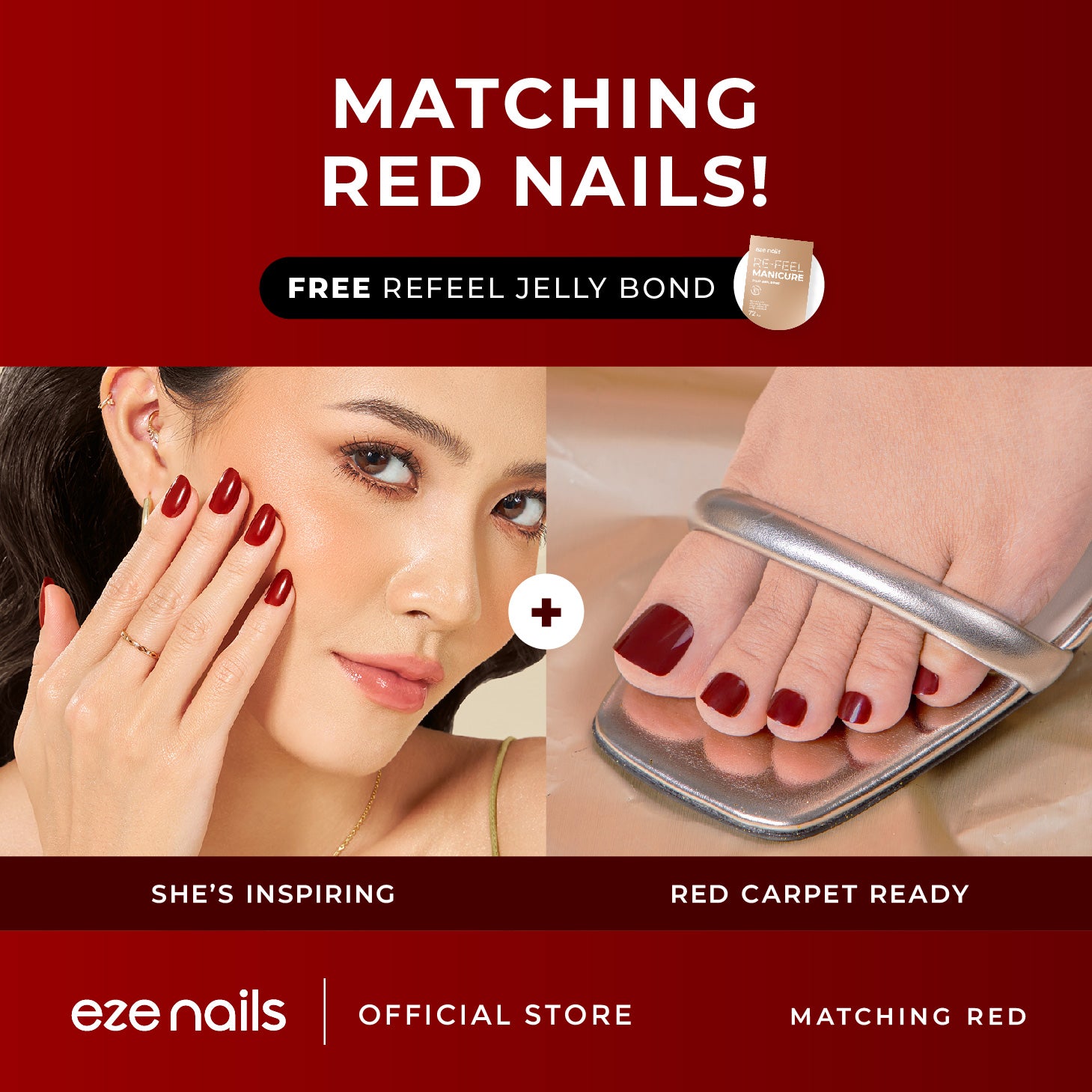 MATCHING RED NAILS BUNDLE (1 Kuku Tangan + 1 Kuku Kaki + FREE 1 Refeel Manicure Jelly Bond) Kuku Palsu Tempel