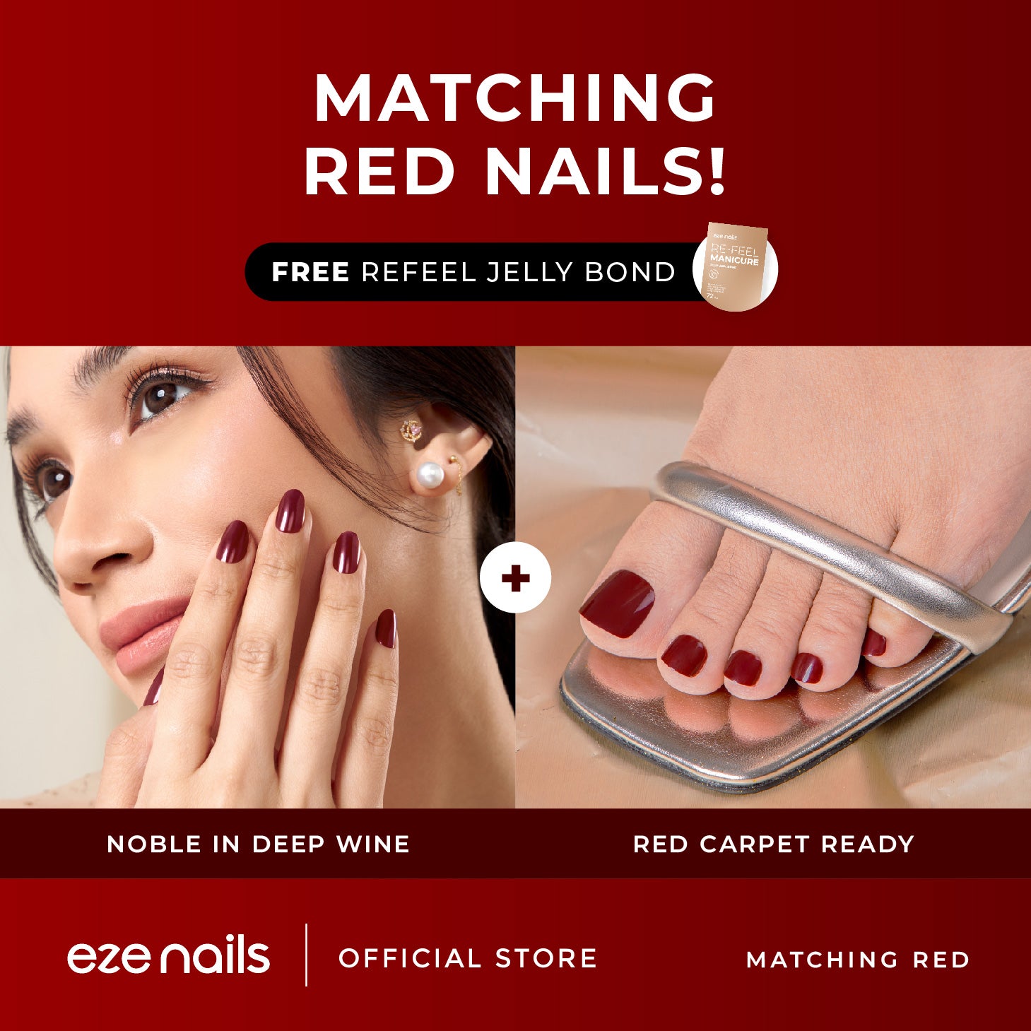 MATCHING RED NAILS BUNDLE (1 Kuku Tangan + 1 Kuku Kaki + FREE 1 Refeel Manicure Jelly Bond) Kuku Palsu Tempel