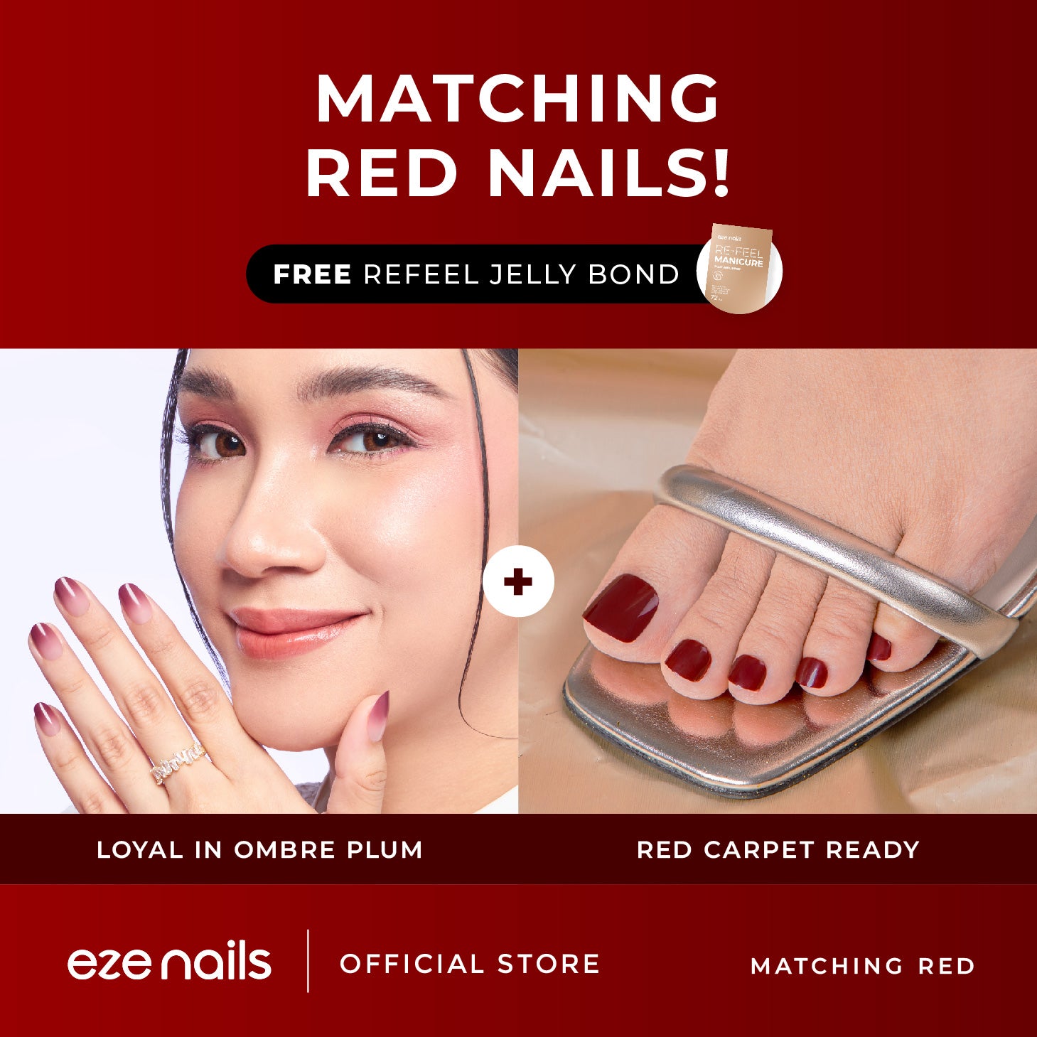 MATCHING RED NAILS BUNDLE (1 Kuku Tangan + 1 Kuku Kaki + FREE 1 Refeel Manicure Jelly Bond) Kuku Palsu Tempel